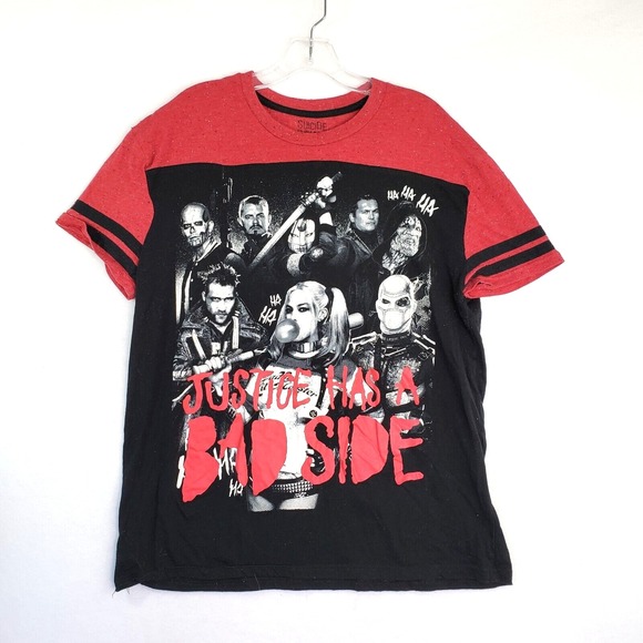 Suicide Squad Graphic T-Shirt Womens L Justice Has A Bad Side Red Black Varsity - Picture 1 of 6